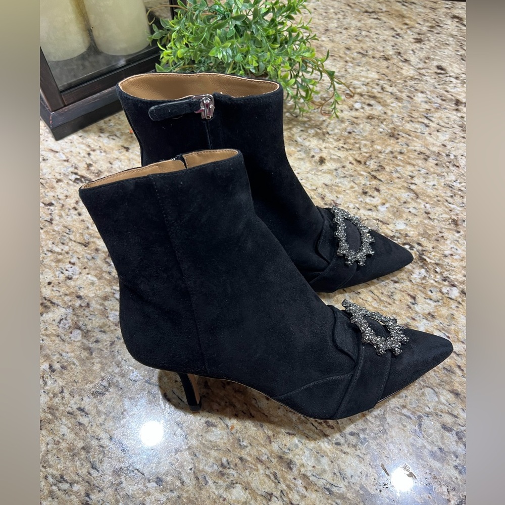 TORY BURCH Crystal-Buckle Black Velvet-like Leather Booties w/ Gunpower Metal 8M - Picture 3 of 10